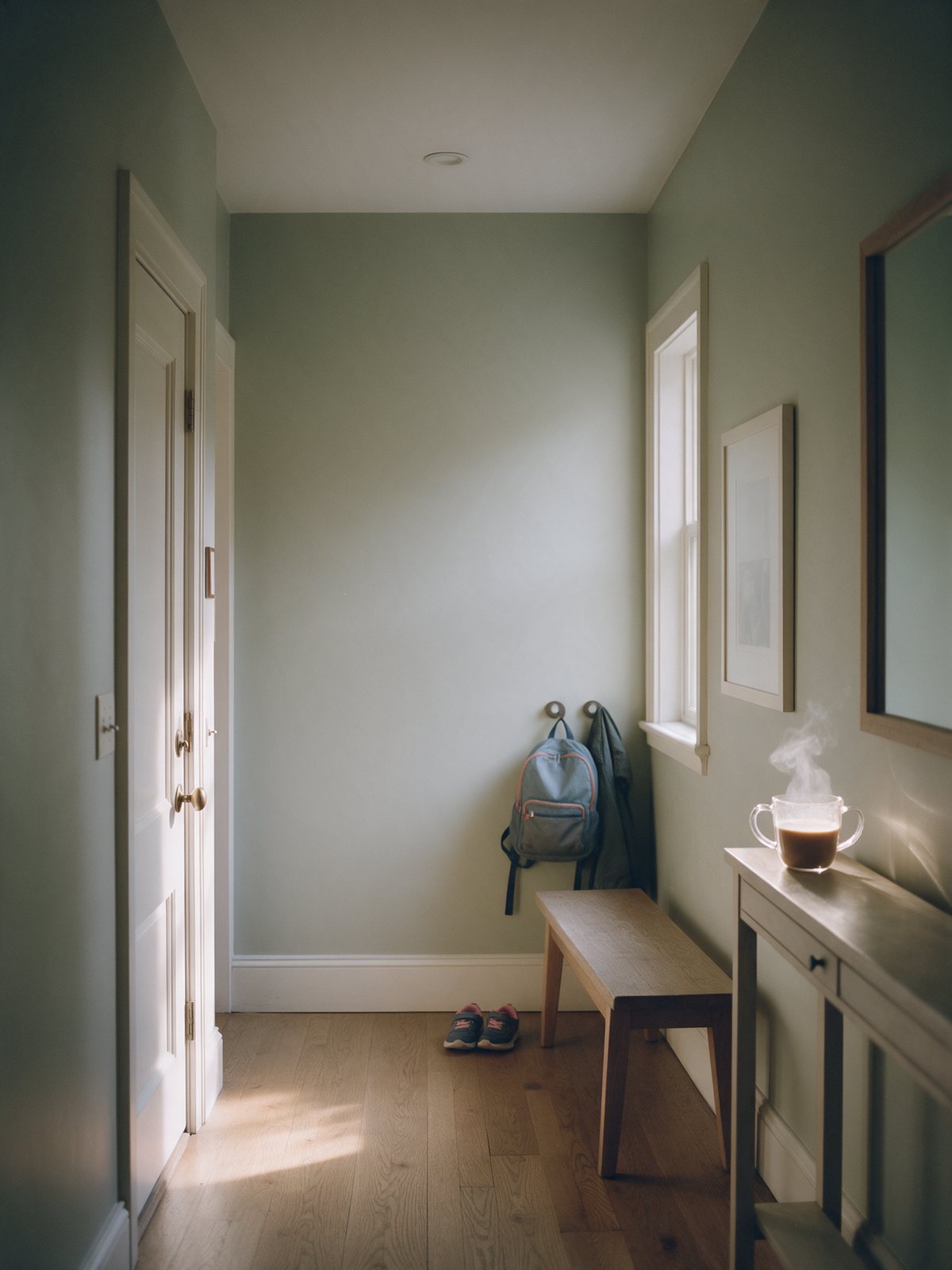 The same hallway on a calmer morning: sneakers side by side, backpack and jacket on their hooks.