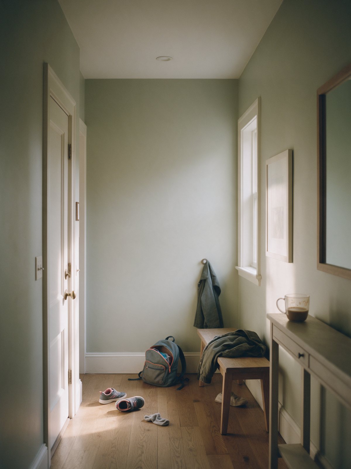 A front hallway on a hard morning: small sneakers kicked off, a sock on the floor, a backpack slumped by the bench.